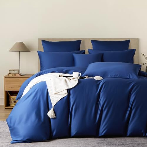 YASMENG Set biancheria da letto in raso 200x200 Blu 100% cotone a fibra lunga fresco Mako raso biancheria da letto morbida setosa traspirante raso copripiumino Set 3 pezzi con chiusura lampo e 2