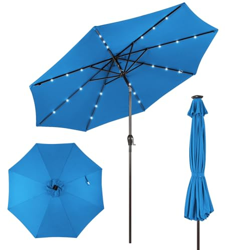 COSTWAY Parasoll 270/300 cm med LED-solbelysning, trädgårdsparaply med vev, böjbar på båda sidor 30°, terrassskärm med 6 ribbor, marknadsparaply för trädgård, balkong, terrass