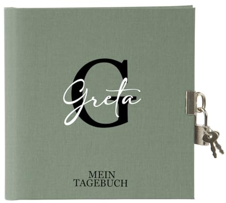 AWASG Tagebuch Buchstabe Initiale - Personalisiert mit Name - Journal Gedanken Notizbuch - 96 Blanko Seiten mit Schlüssel und Schloss (olive)