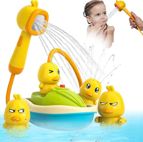 Pommeau de Douche Détachable Canard Bébé + 3 Canard Jouets de Bain & Pompe à Eau Électrique Bateau - Jeux Éducatifs pour Nouveau-nés Lors du Bain - Jouets Aquatiques pour Lavage des Cheveux Enfants