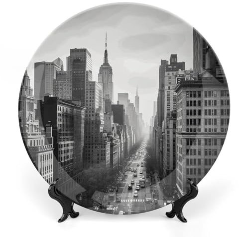 LPSADGF Assiettes décoratives en céramique noire et blanche New York pour présentation - Assiette à dîner de style bohème avec présentoir - Assiette en porcelaine pour décoration de la maison - 25,4