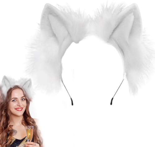 JAWUZ 1 Stück Therian Katzenohren Haarreif Erwachsene, Einstellbar Handgefertigtes Fell Fuchs Katzenohren Stirnband Fursuit Kopfbedeckung Cosplay Kostüm Party Zubehör(Weiß,C)