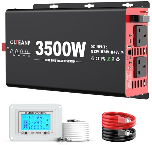OLTEANP 3500W Reiner Sinus Wechselrichter, 12V DC auf 240V AC Wechselrichter mit 2 AC Ausgängen, USB-Port, Typ-C-Anschluss für LKW, Fahrzeug, Stromausfall, Fernbedienung mit LCD-Bildschirm