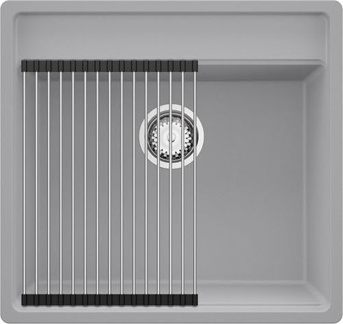 PRIMAGRAN Evier Cuisine en Granit Gris 56x53cm, Lavabo 1 bac + Kit de Vidage + Égouttoir Enroulable, Évier à Encastrer au Meuble 60cm - Bergen S149