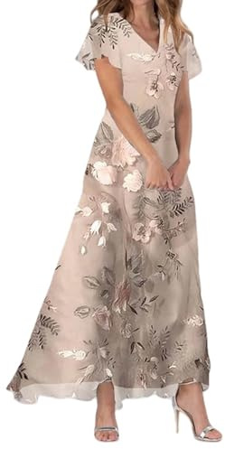 Generisch Summer Dress Women's Black Dress Chiffon Flowers Short Sleeve Ruffle V-Neck Fashion Waist Flowing Dress Dresses White Summer Dress Women, khaki, M