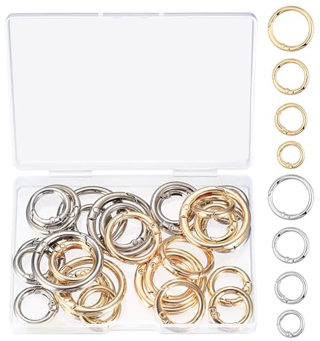 30 ST Runda Karbinhakar, Multi-storlek Runda Nyckelringar, Rund O-Ring Karbinhake Nyckelring Liten, Fjäderringar för Hantverk Väsktillbehör DIY Pyssel, Guld+Silver