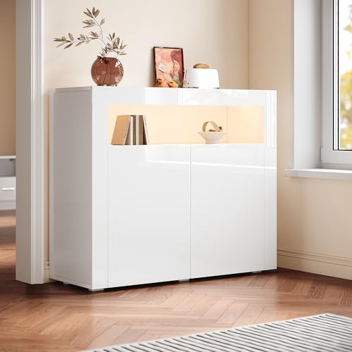 SIRHONA Buffet avec Lumières LED, Armoire de Rangement Blanc, Commode 2 Ports, 108x40x92 cm pour Salon et Cuisine