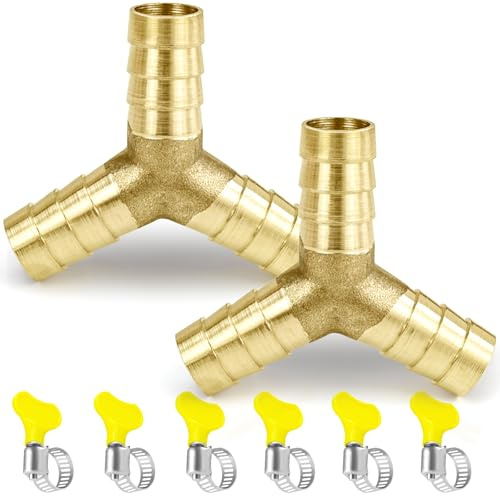 FLEXNOVA 2 Stück Y Stück 1/2 Zoll (12mm) Messing mit 6 Stück Schlauchklemmen, Y Verteiler Gartenschlauch Wasserverteiler 1/2 Zoll Wasseranschluss 3-Wege-Schlauchverbinder Stutzen Verbinder