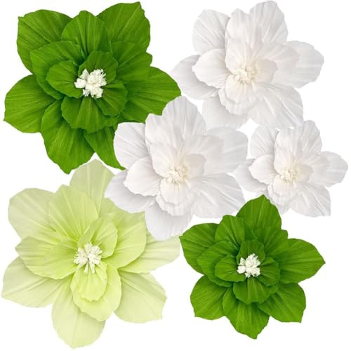 CREATCABIN 6 Stück Grüne Papierblumen Künstlich 3D Wanddekoration Hochzeit Geburtstag Braut Weißes Seidenkrepp Florale Wanddekoration Klassenzimmer Kinderzimmer Hintergrund Tafelaufsätze Frauen Party