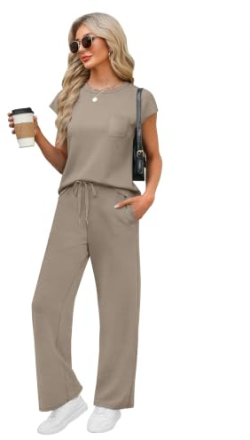 WIHOLL 2 Piece Sets for Women Casual Summer Travel Vacation Outfits Cap Sleeve Wide Leg Crop Pants Lounge Sets with Pockets
