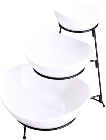 METTEOR Fruit Bowl Kitchen Counter 3 Tier White Fruit Bowl Set with 3 Oval Porcelain Serving Bowl & Metal Rack for Easy Storage Trays