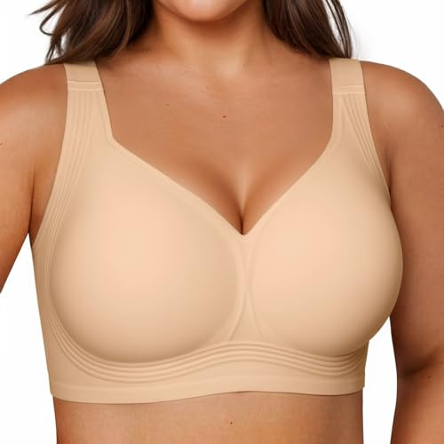 Vertvie Jelly Bras for Women Plus Size Minimizer Soft Wireless Push Up Bra Full Supportive Older Lift Back Coverage Bralette(Skin,42DDD)