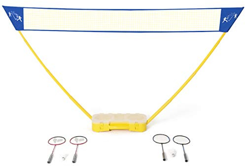 GYMAX Badmintonnetz mit Ständer, Badminton Set mit Netz, Ständer, inkl. Federschläger, Federbälle & Tragekoffer, höhenverstellbares Volleyballnetz, Tennisnetz für drinnen & außen, Gelb