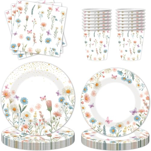 Vectorgolden 80Pcs Wildflower Party Tableware Set of 20 Guests, Spring Flower Party Tableware Set Including Paper Plates, Paper Cups, Napkin for Birthday Party Decorations, Baby Show, Bridal Show