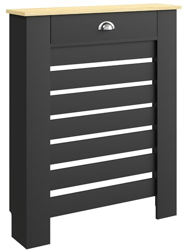 HOMCOM Radiator Cover with Drawer, Horizontal Slatted Grill, Black Painted MDF Wood Cabinet Shelf Heating Cover for Living Room Bedroom Hallway, Small (H: 95.5 / W: 78 / D: 19 cm)