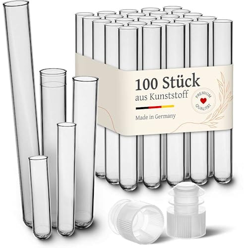 Tuuters Kunststoff Reagenzgläser mit Verschluss, 100 Stück (150 x Ø 16mm) | Plastikröhrchen ca. 20ml, Reagenzglas aus Plastik, Laborröhrchen Vase für Blumen Gewürze Liquids Spices DIY Deko, transparent
