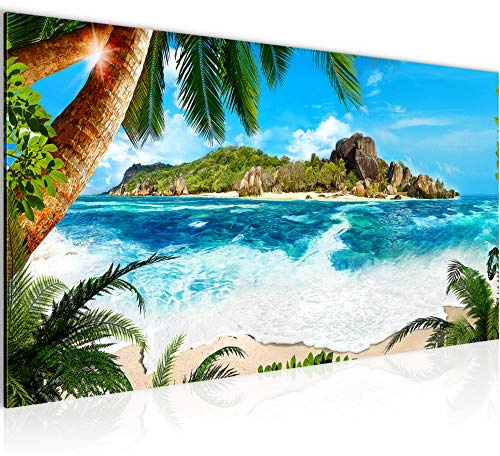 Runa Art Wandbild Karibik Insel 1 Teilig 100 x 40 cm Modern Bild auf Vlies Leinwand Palme Meer Wohnzimmer Schlafzimmer Blau 003312a