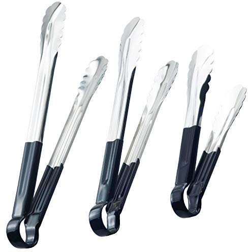 HINMAY 3 Pack Kitchen Tongs with Comfort-Grip Handle Heavy Duty Stainless Steel Cooking Tongs (Black, 9 12 14 Inch)