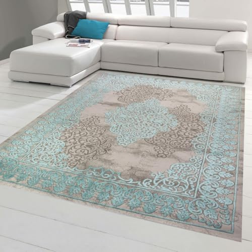 Wohnzimmerteppich mit Ornamenten Teppich Vintage in Türkis Grau Größe 160x230 cm