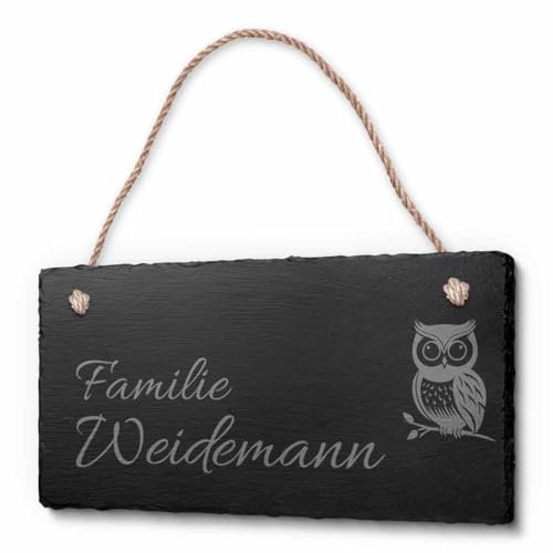 Schöne Schiefer Türschilder für die Haustür mit Gravur | Schiefer-Schild mit Kordel zum Aufhängen in ca. 20x10 cm Größen gravierte Namensschilder Klingelschilder mit Namen oder Texten