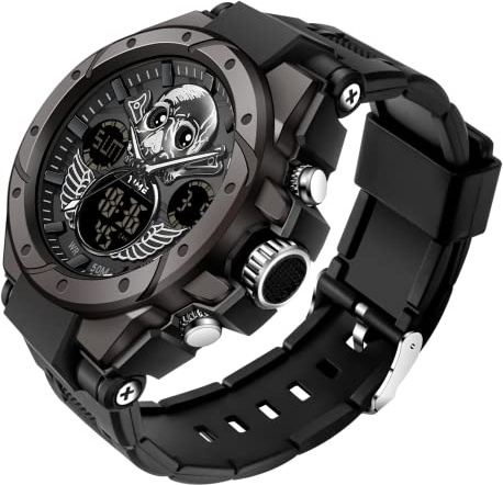 findtime Herren Uhren Digital Militär Sport Outdoor Totenkopf-Motiv Schädel Wasserdicht Timer Chronograph Countdown Tactical Watch Analog Armbanduhr Männer Jungen LED Kalender 12/24H Stoppuhr Wecker