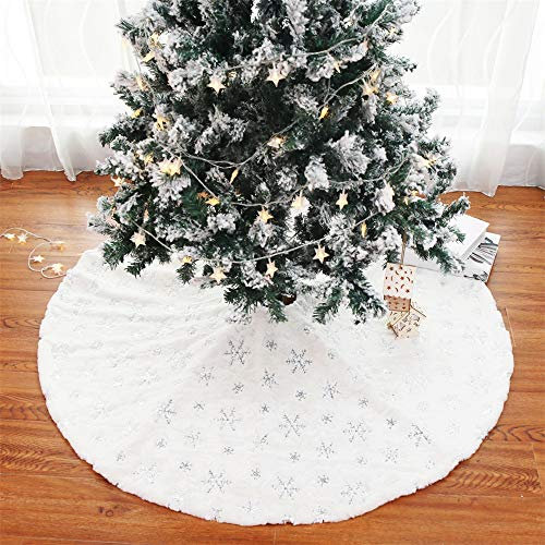 Plüsch Weihnachtsbaum Rock, Weißer Weihnachtsbaum Röcke mit Schneeflocke Pailletten Weihnachtsbaumdecke Christbaumständer Teppich Decke Dekoration für Frohe Weihnachten Neujahrsparty (Silber,120cm)