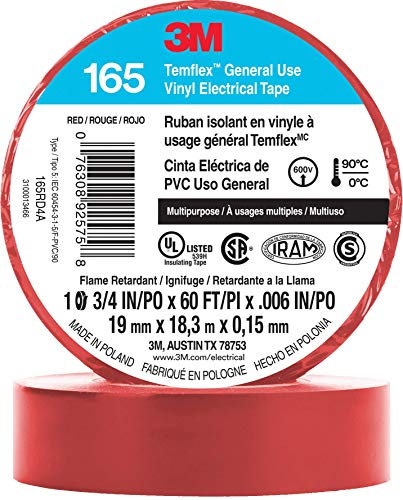 3M Temflex Cinta eléctrica multiusos de vinilo 165, rojo, 19 mm x 18 m, paquete de 10 rollos