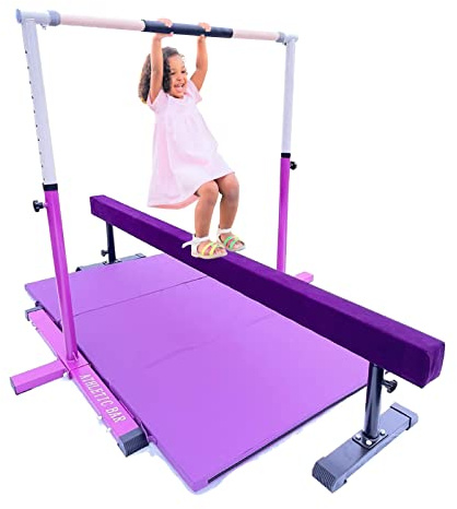 XDance Gymnastics Bar Kip Bar for Kids 3 in 1 Set with Adjustable Exercise Tube, 6'x4' Tumble Mat, Expandable Height 3 to 5 FT Horizontal Bar Junior Gymnast Gymnastic Bar Asymmetric Bar Purple