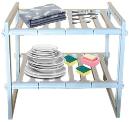 Scaffale Sottolavello per Stoviglie Ripiano Sotto Lavandino Cucina Bagno Mobile Allungabile Modulabile Salvaspazio Porta Spugne Piatti Sapone Asciugamani 2 Ripiani Organizer Lavabo (Bianco)