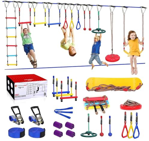 Ninja Warrior Obstacle Course for Kids Backyard-65ft Slackline Kit with 13 Obstacles, Upgraded Quick-Install Buckles No Threading, Install Anywhere, 900lbs Capacity, Easy Setup Backyard Playground Set