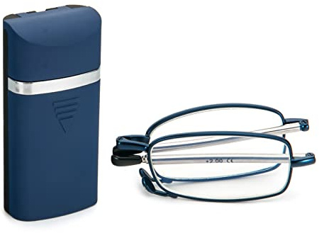 KoKoBin Faltbare Lesebrille aus Edelstahl Mini Anti-Blau Sehehilfe mit Brillenetui für Damen und Herren Kleines tragbares Lesegerät (Blau, 1.5, diopters)