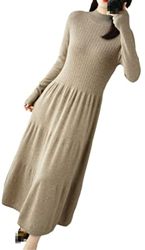 Ownwfeat Vestido largo de lana de cachemira para mujer, manga larga, tejido suave, cuello alto, ver fotos, XL