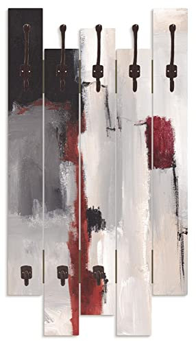 ARTLAND Wandgarderobe Garderobenpaneel Holz mit 8 Haken 63x114 cm Design Garderobe mit Motiv Abstrakte Kunst Deko Modern Farben Formen Rot Grau T4PG