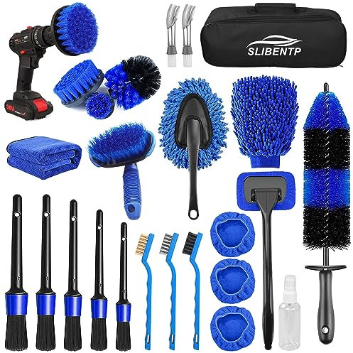 26Pcs Lot de Brosse Nettoyage Voiture,Pinceau Detailing Auto,kit de détail de voiture,Kit de Brosse Nettoyage Voiture Interieur Exterieur,Brosse Nettoyage Perceuse Électrique,Brosse de Jante Voiture