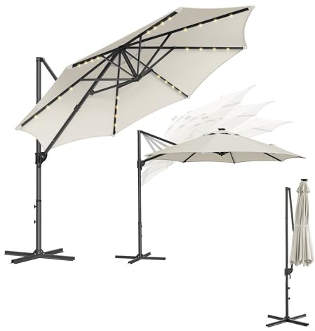 SONGMICS Garden Parasol Umbrella 3 m, 28 Solar Powered LED Lights, UPF 50+ Parasol Outdoor Patio Umbrella, 360° Swivel, Seamless Tilt, Crank for Opening Closing, with Cross Base, Cream White GPU047Y11