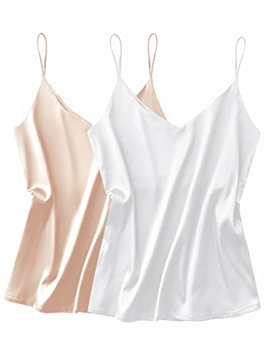 Ekouaer Dam, spaghettitopp, siden, satin, undertröjor, baslinne, justerbar rem, camisole, V-ringad, ärmlös pyjamas för kvinnor, S–XXL, Vit + champagne, L
