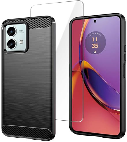 HuiYouMY Funda para Motorola Moto G84 5G (6.5) con 1 Pieza Cristal Templado Protector de Pantalla, Suave Textura de Fibra de Carbono TPU Antiarañazos, antigolpes y anticaída Resistente Negra Carcasa