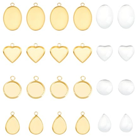 UNICRAFTALE 32 Sets 4 Stile Edelstahl Anhänger Cabochon Rund Oval Herz Tropfenform Blanko Lünette Anhänger Mit Glascabochons Goldene Basis Anhänger Cabochon Fassungen Für DIY Schmuckherstellung