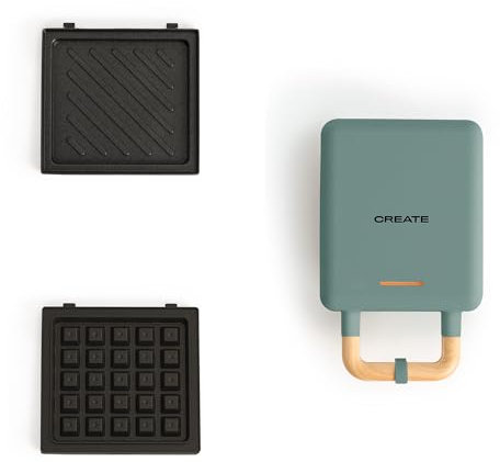 CREATE/STONE STUDIO/Sandwichera-Grill y gofrera individual verde sage / 2 placas intercambiables: Sandwich y Gofre, antiadherente, 1 rebanada, apertura 100º, autoapagado, asa tacto frío, 600W