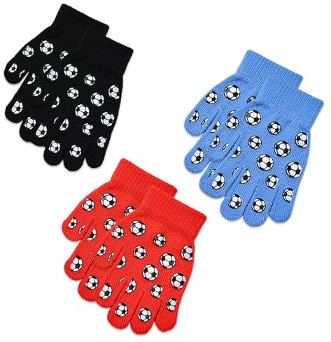 HEOUCH 3 Pares Guantes Niño, Guantes Niña Calientes, Mitones para Niños de Invierno, Uantes de Dedo Completo, Patrón de Fútbol de Dibujos Animados, Adecuado para Los Desplazamientos