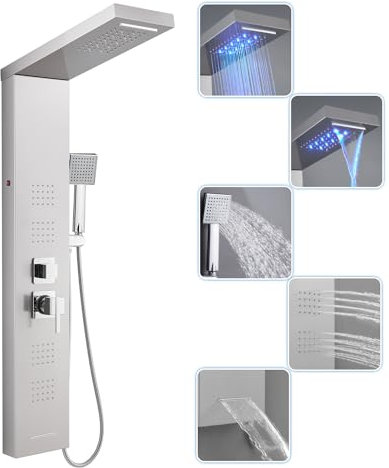 ROVOGO Colonne Panneau de Douche Hydromassante avec Robinetterie et LED, 5 Modes - Pomme de Douche Cascade et Pluie, Jets de Massage, Douchette et Bec de Baignoire, Brossée Acier Inox, Montage Mural