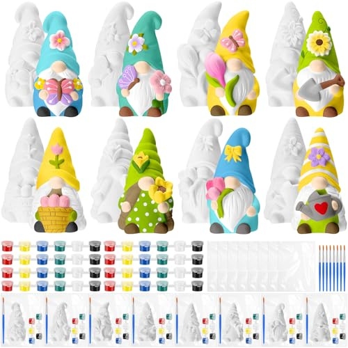 Foilswirl 8 Pcs Spring Gnome Ceramics to Paint Ready to Paint Your Own Ceramic Gnome Statues DIY Unpainted Ceramics Paintable Gnome Figurines Kit Crafts with Brush Palette Paint