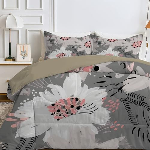 Qiwagu Bettdecke 135x200 4 Jahreszeiten, Wende Blumen Steppdecke Waschbare, Bettdecke ohne Bezug Nutzbar, Leicht Weiche Schlafdecke 200GSM, Ganzjahresdecke Grau mit 1 Kissenbezug (ohne Kissen)