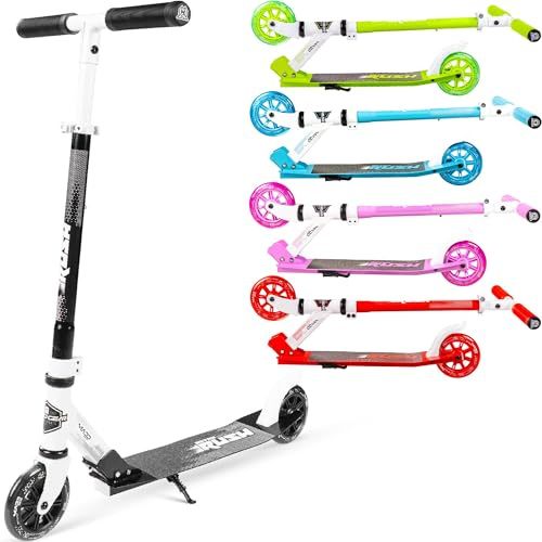 Kick Scooter for Ages 5+ - Kids, Teens & Adults. Max Load 220lbs. Foldable, Light-Up Wheels, Adjustable Height, Lightweight - Rush 125 Madd Gear