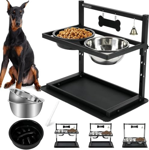 Raised Dog Bowl Height-Adjustable, Dog bowls Stand with Spill Proof Mat, a Slow Feeder and Two 1700ML Stainless Steel Dog Food Bowls, Elevated Dog Bowls for Medium Large Dogs and Pets