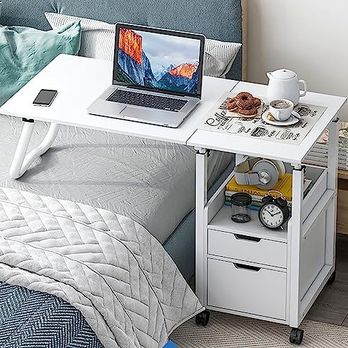 2-in-1-Rolltisch fürs Bett, Faltbarer Nachttisch, höhenverstellbarer Sofatisch, Wagen, mobiler Computertisch mit Schublade, Laptoptisch für Schlafzimmer, Wohnzimmer (100 x 40 x 70–88 cm)