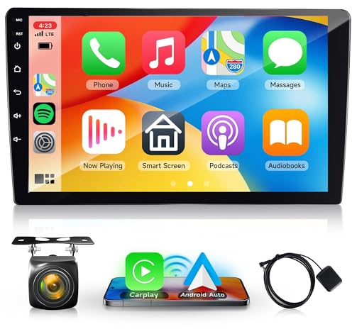 Rimoody 4G+64G Wireless Carplay Double Din Android Car Stereo Radio Andorid auto Mirror Link, 9'' HD Touchscreen GPS WiFi Bluetooth FM/RDS EQ-32 SWC Split screen Backup Camera