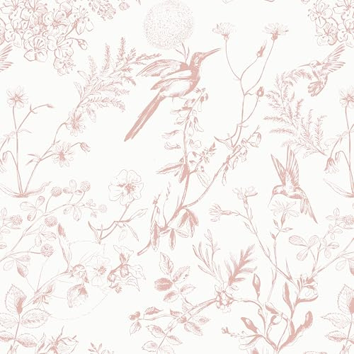 Timeet Peel and Stick Wallpaper Pink Floral Bird Self Adhesive Wallpaper 44x300CM Sticky Back Plastic Wallpaper Waterproof Vinyl Wrap Contact Paper for Bedroom Living Room Wall Cabinet Shelf