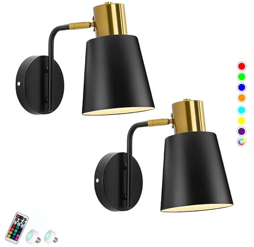 Lámpara de Pared LED, Aplique de Pared a batería, Color Negro, Recargable por USB, Juego de 2, Bombilla LED Regulable de 8 Colores RGB, lámpara Vintage Ajustable con Control Remoto