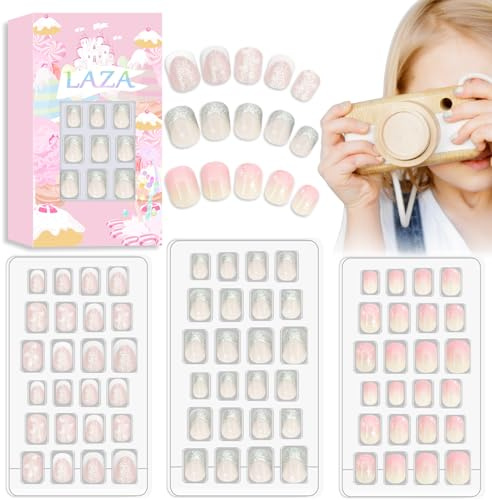 Laza 72-teiliges Kunstnagel-Set für Kinder vollständige Abdeckung | vollständige Abdeckung, silberfarbene Glitzersterne, rosa Herz, kurz, Ombré-Stil, für Kinder, Teenager, – funkelnde Süßigkeit